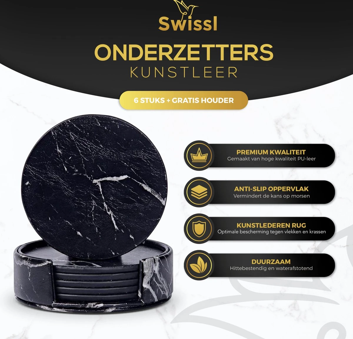 Swissl Leren Onderzetters - Marmer Onderzetters Voor Glazen - Kunstleren Onderleggers Met Houder - Glasonderzetters - Coasters – Zwart - Rond 4 Swissl Leren Onderzetters - Marmer Onderzetters Voor Glazen - Kunstleren Onderleggers Met Houder - Glasonderzetters - Coasters – Zwart - Rond - Afbeelding 2