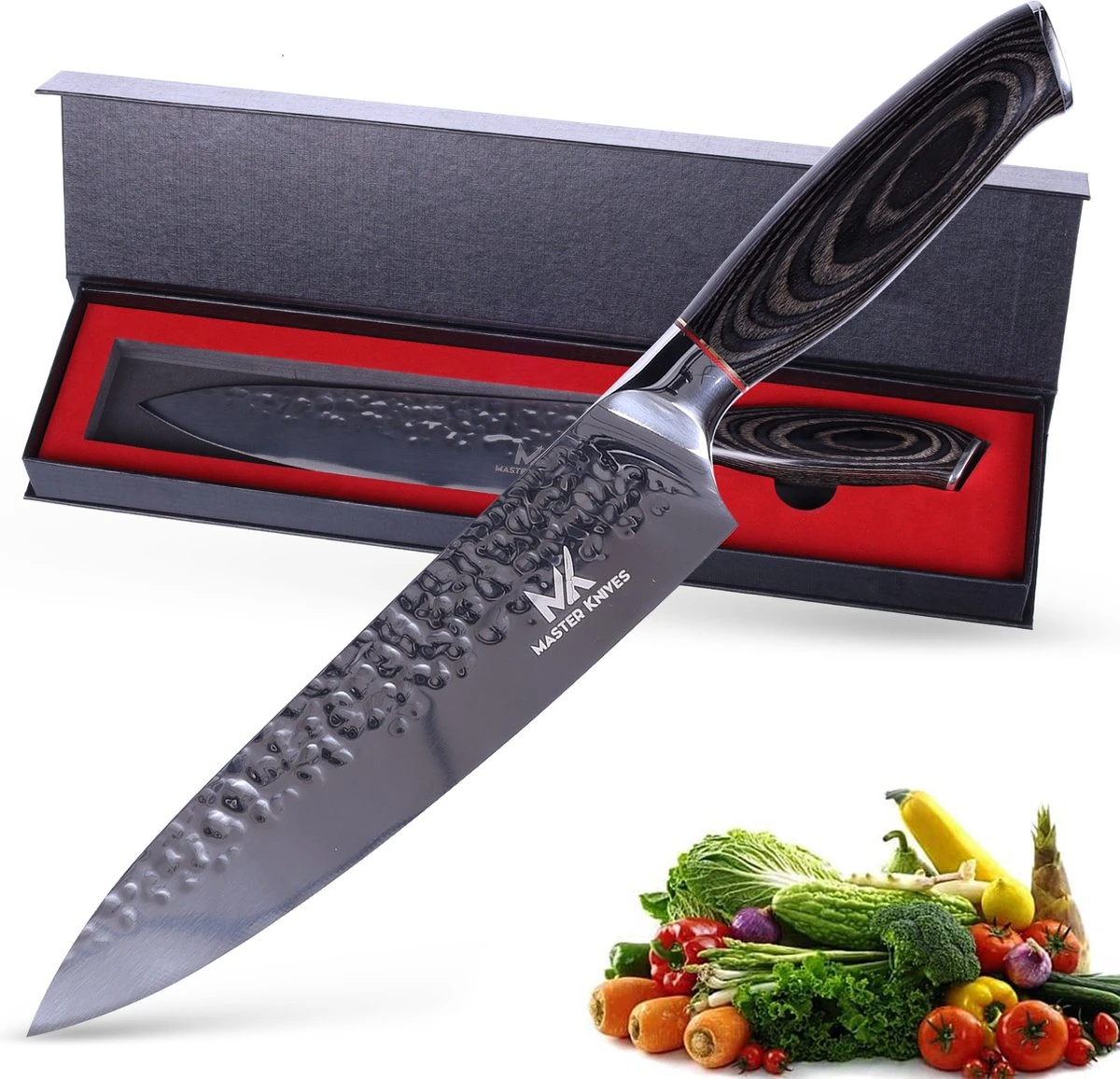 Master Knives Professioneel Japans Koksmes 20 CM - Keukenmes Van Hoogwaardig Damascus Patroon - Ergonomisch Houten Handvat 3 Master Knives Professioneel Japans Koksmes 20 CM - Keukenmes Van Hoogwaardig Damascus Patroon - Ergonomisch Houten Handvat
