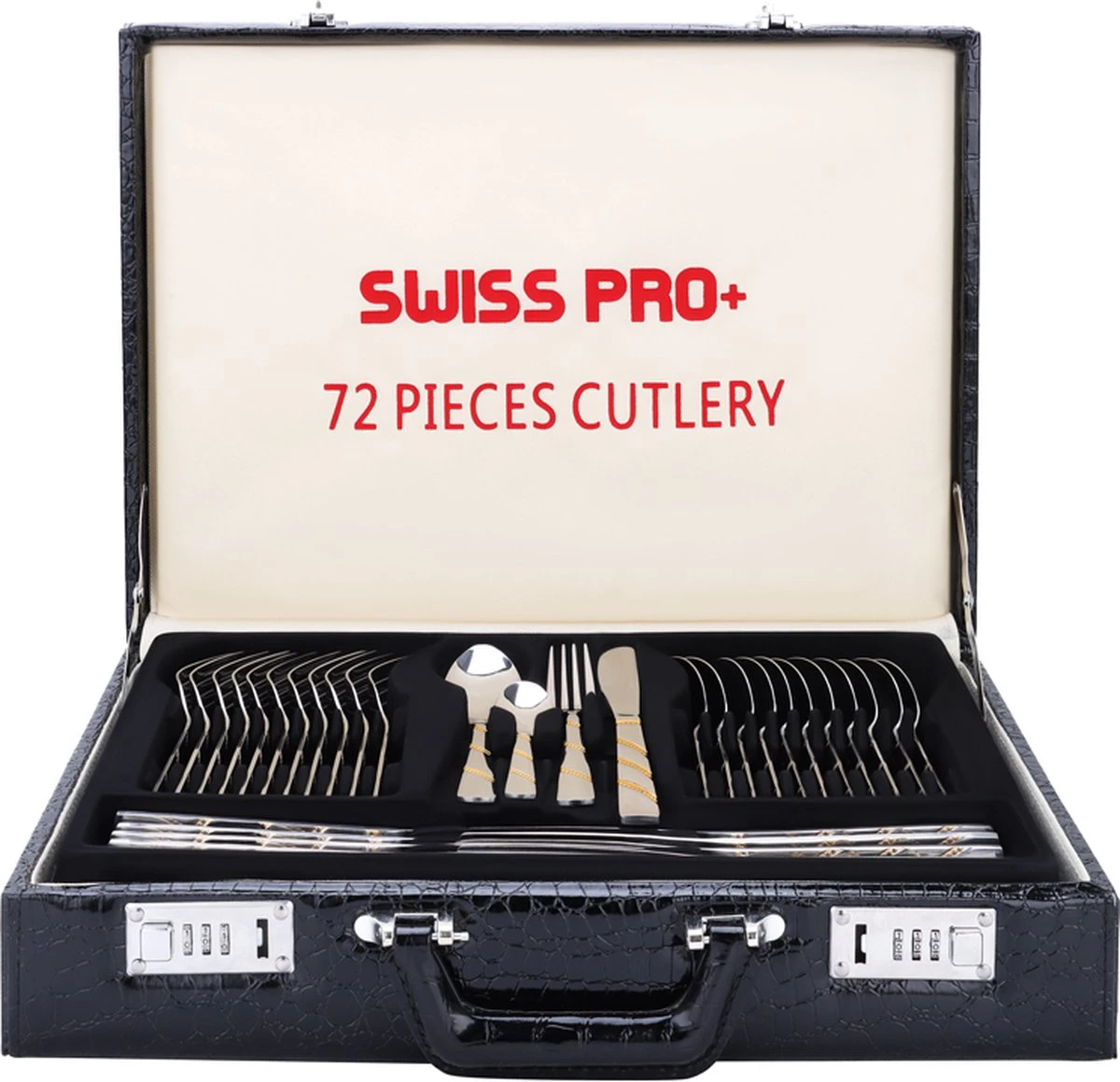 Swiss Pro+ Bestekset In Koffer-72 Delig-12 Persoons-Zwitsers Kwaliteit-Complete Set-100% Roestvrijstaal-Modern Gold 4 Swiss Pro+ Bestekset In Koffer-72 Delig-12 Persoons-Zwitsers Kwaliteit-Complete Set-100% Roestvrijstaal-Modern Gold - Afbeelding 2