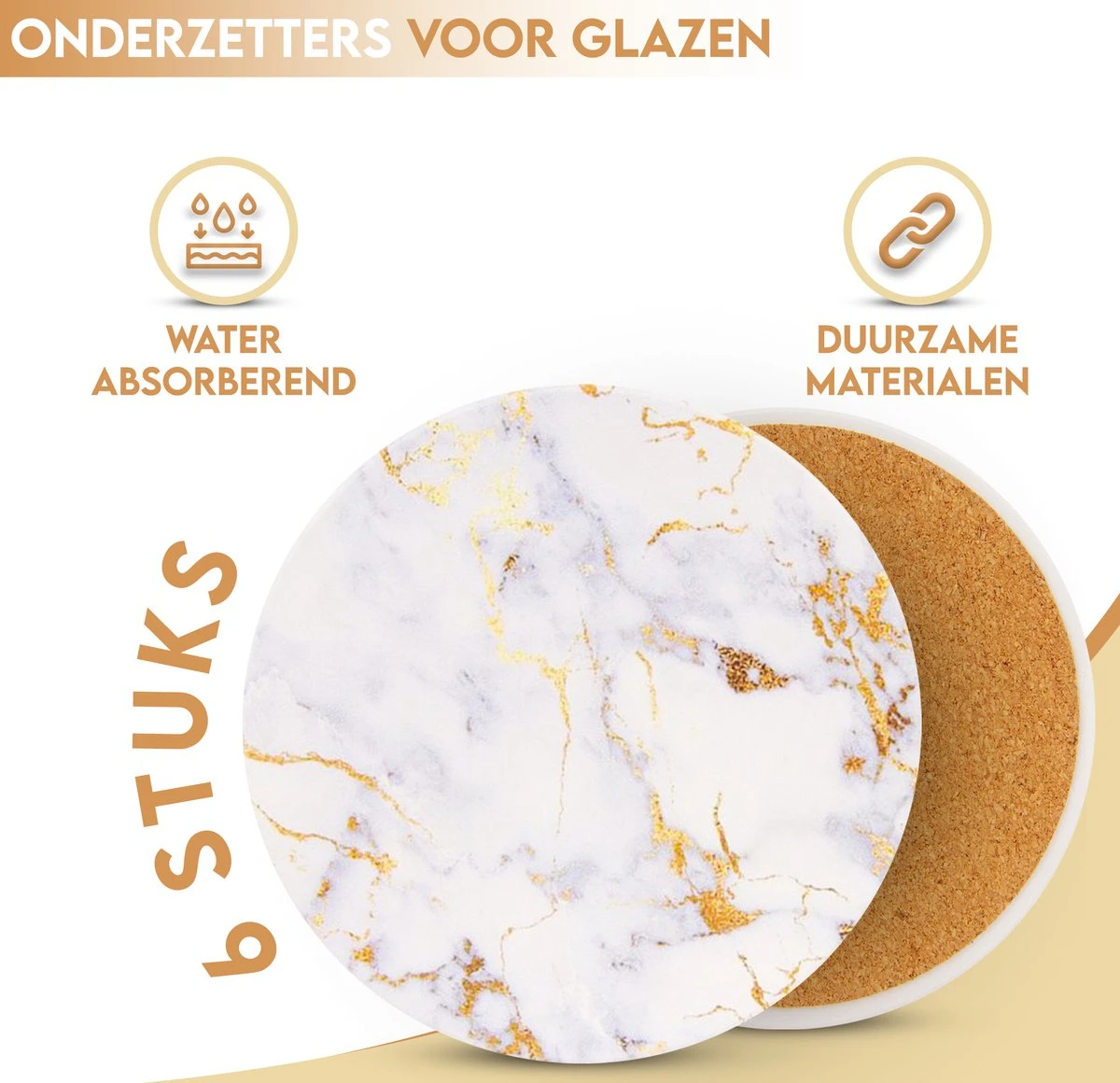 Castagnola Keramische Onderzetters Met Houder – Onderzetters Voor Glazen – Onderzetters Design – Onderzettersset – Drink Onderzetters – Keramisch – Kurk – Set Van 6 – Wit/Goud 7 Castagnola Keramische Onderzetters Met Houder – Onderzetters Voor Glazen – Onderzetters Design – Onderzettersset – Drink Onderzetters – Keramisch – Kurk – Set Van 6 – Wit/Goud - Afbeelding 5