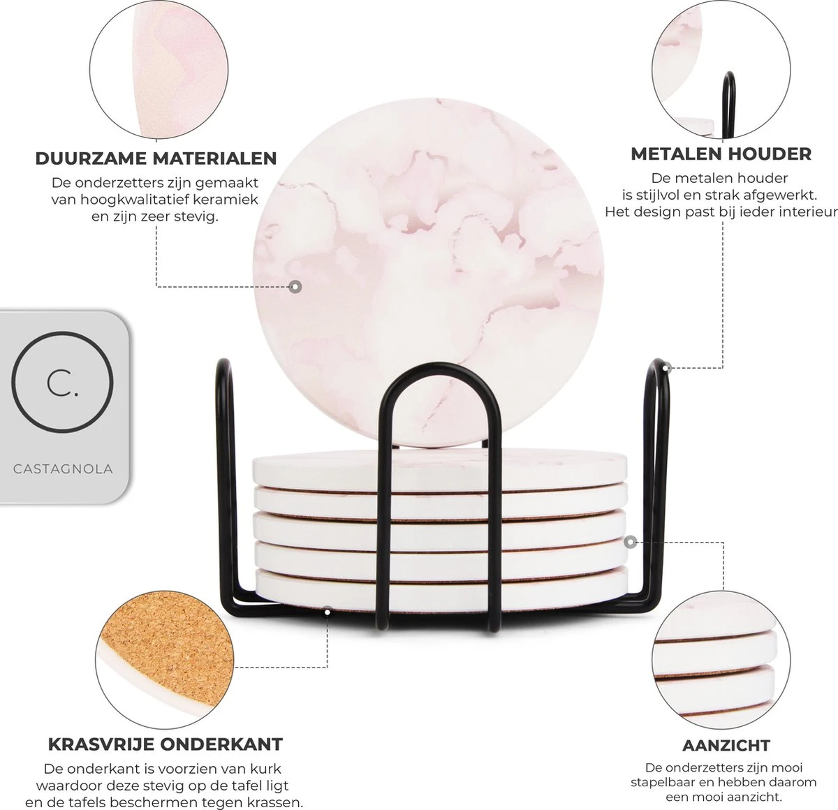 Castagnola Keramische Onderzetters Met Houder – Onderzetters Voor Glazen – Onderzetters Design – Onderzettersset – Drink Onderzetters – Keramisch – Kurk – Set Van 6 – Roze/Wit 8 Castagnola Keramische Onderzetters Met Houder – Onderzetters Voor Glazen – Onderzetters Design – Onderzettersset – Drink Onderzetters – Keramisch – Kurk – Set Van 6 – Roze/Wit - Afbeelding 6