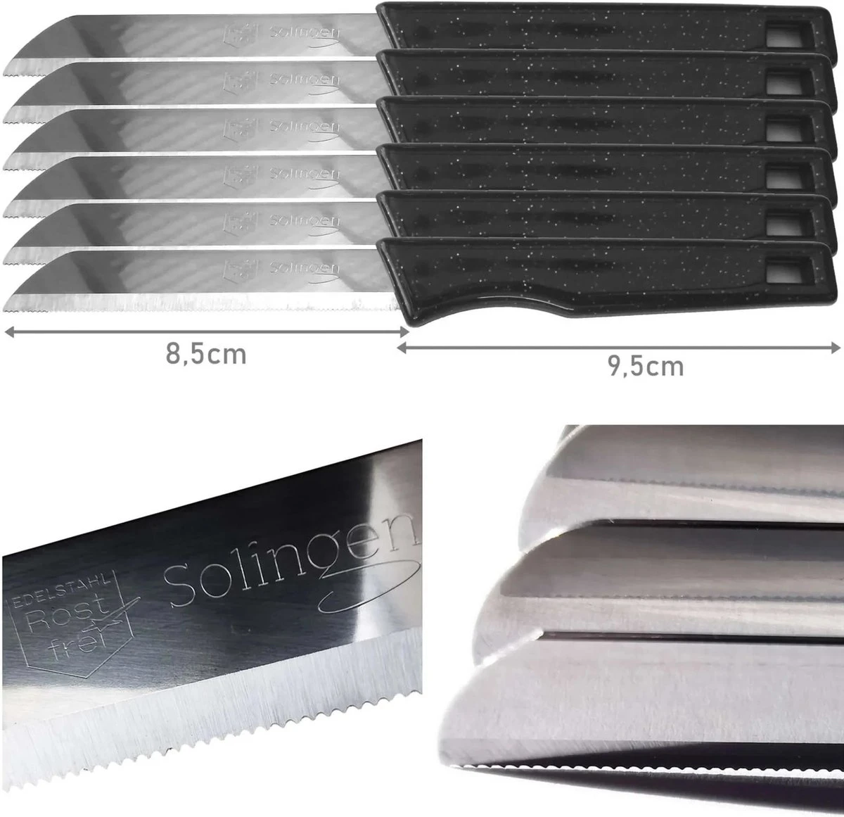 Solingen Kartelmes - Tomatenmes Met Kartel - RVS - 18,5 Cm Met "Blade Cover" - Zwart Glitter - 6 Stuks 6 Solingen Kartelmes - Tomatenmes Met Kartel - RVS - 18,5 Cm Met "Blade Cover" - Zwart Glitter - 6 Stuks - Afbeelding 4