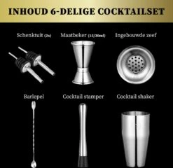 Sybra Cocktail Shaker Set - 6 Delig - Cocktail Shaker 750ML - Cocktail Boek - Roestvrijstaal - Geschenkverpakking - Opbergzakje -Skimask 1200x1166 4
