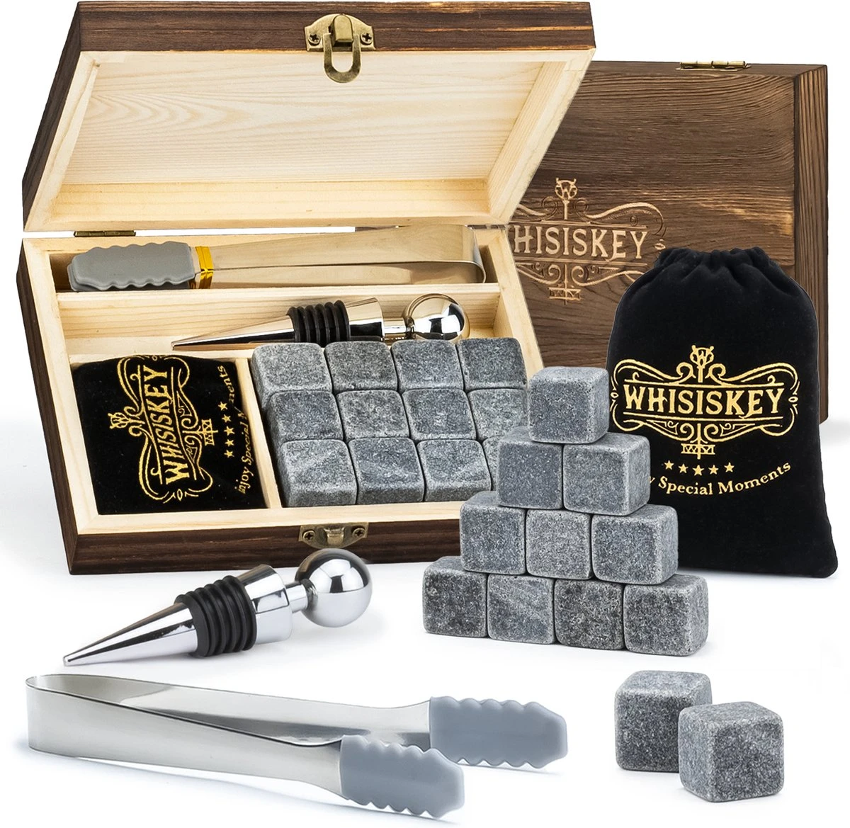 Whisiskey Luxe Whiskey Stones Set - 12 Stuks - Fluwelen Opbergzak - Flessenstopper - IJstang - Herbruikbare IJsblokjes - Natuursteen Whiskey Stenen Voor Glazen - Accessoires - IJklontjes Steen - Drank Koeler - Cadeau Voor Man 3 Whisiskey Luxe Whiskey Stones Set - 12 Stuks - Fluwelen Opbergzak - Flessenstopper - IJstang - Herbruikbare IJsblokjes - Natuursteen Whiskey Stenen Voor Glazen - Accessoires - IJklontjes Steen - Drank Koeler - Cadeau Voor Man