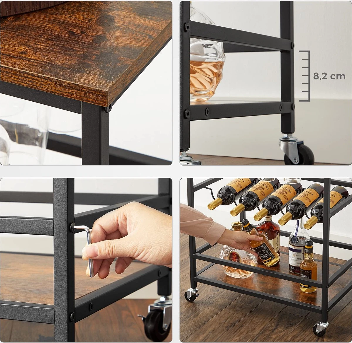 IN.HOMEXL Ashlo - Wijnkast Op Wielen - Wijnrek Metaal - Hout - Industrieel Kast - Voor 9 Flessen - 60 X 40 X 75 Cm - Hout - Bruin/ Zwart 7 IN.HOMEXL Ashlo - Wijnkast Op Wielen - Wijnrek Metaal - Hout - Industrieel Kast - Voor 9 Flessen - 60 X 40 X 75 Cm - Hout - Bruin/ Zwart - Afbeelding 5