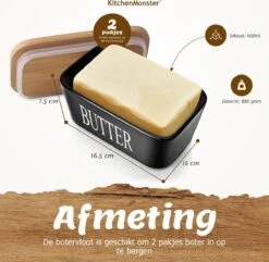 KitchenMonster® Botervloot Met Botermes - 600 Ml Botervlootje Vershouddoos Van Porselein En Bamboe - Botervloot Met Deksel Zwart -Skimask 1200x1172 11