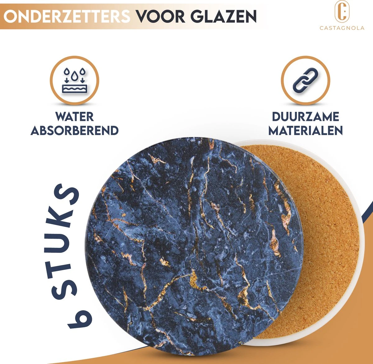 Castagnola Keramische Onderzetters Met Houder – Onderzetters Voor Glazen – Onderzetters Design – Onderzettersset – Drink Onderzetters – Keramisch – Kurk – Set Van 6 – Blauw/Goud 7 Castagnola Keramische Onderzetters Met Houder – Onderzetters Voor Glazen – Onderzetters Design – Onderzettersset – Drink Onderzetters – Keramisch – Kurk – Set Van 6 – Blauw/Goud - Afbeelding 5