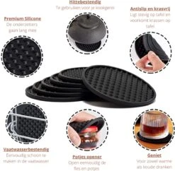 Castagnola Siliconen Onderzetters Met Houder – Onderzetters Voor Glazen – Onderzetters Design – Onderzettersset – Drink Onderzetters – Hoogwaardige Siliconen – Set Van 14 – Zwart -Skimask 1200x1175 19