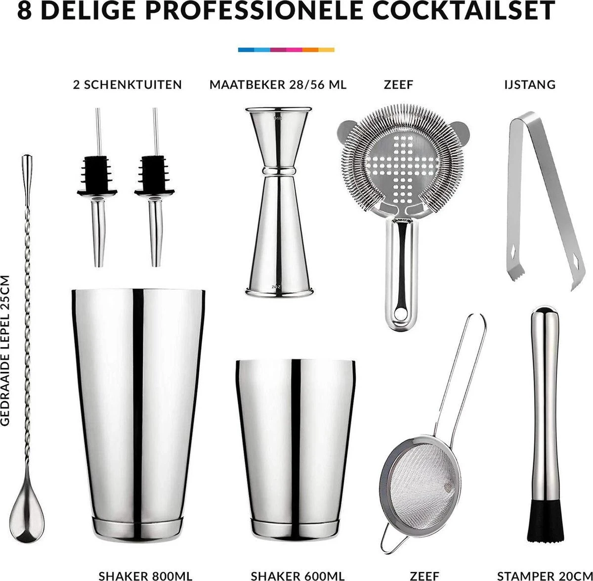 YONO Cocktail Set 10-Delig - RVS Cocktailshaker 800ml Met Bar Accessoires - Zilver 4 YONO Cocktail Set 10-Delig - RVS Cocktailshaker 800ml Met Bar Accessoires - Zilver - Afbeelding 2