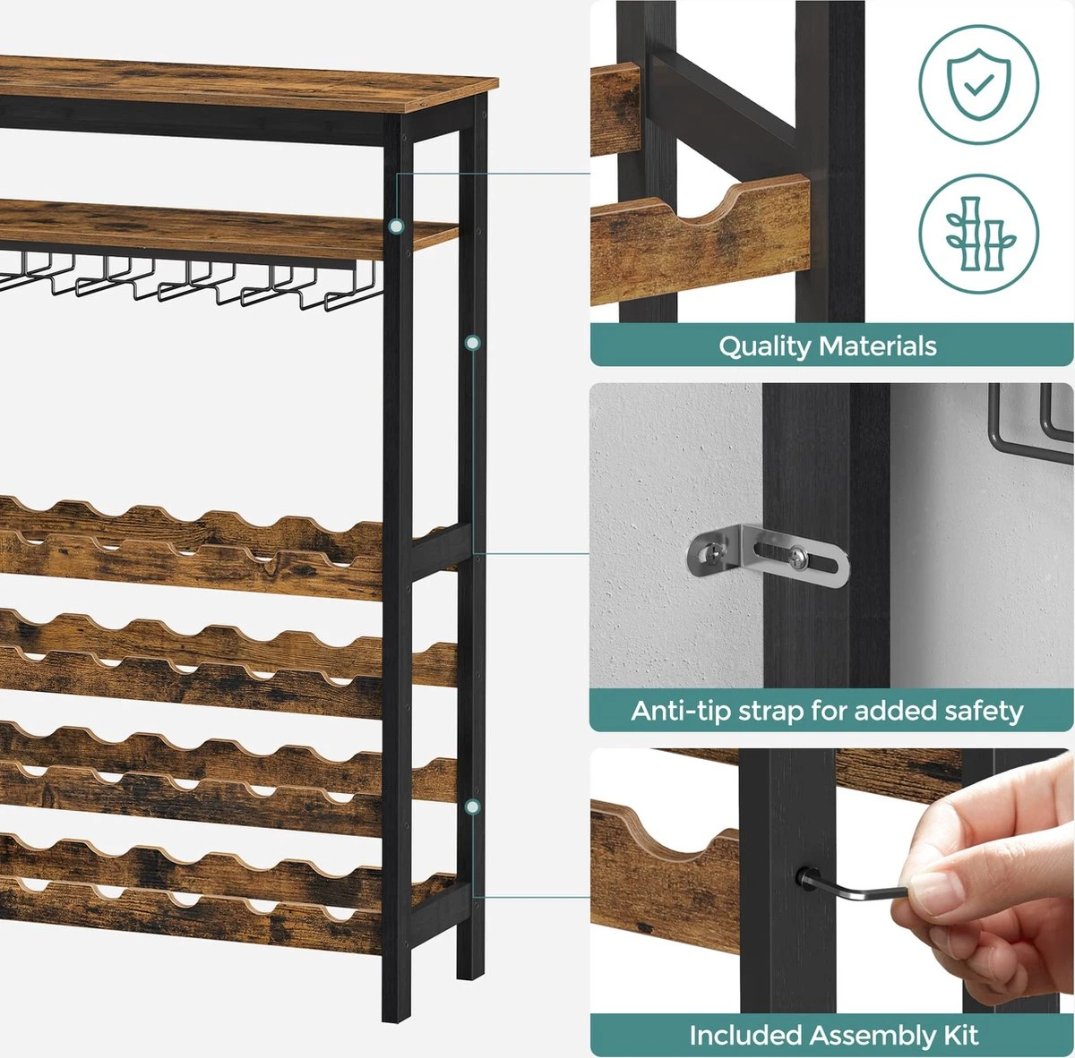 IN.HOMEXL - Shanco Wijnrek Voor 24 Flessen - Industrieel - Wijnrek Metaal - Bruin / Zwart - Flessenrek - 66 X 30 X 100 Cm 8 IN.HOMEXL - Shanco Wijnrek Voor 24 Flessen - Industrieel - Wijnrek Metaal - Bruin / Zwart - Flessenrek - 66 X 30 X 100 Cm - Afbeelding 6