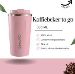 Thermosbeker - Koffiebeker To Go - Travel Mug - Dubbelwandig, RVS & Lekvrij - Thermosbeker Koffie - 380 ML – Roze -Skimask 1200x1184 12