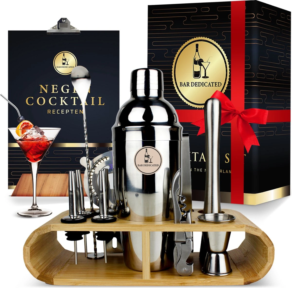 Bar Dedicated - Cocktail Set 16 Delig - Cocktail Shaker Met Bamboo Standaard - Inclusief Nederlandstalig Cocktail Boek (750ML) - Pasen 3 Bar Dedicated - Cocktail Set 16 Delig - Cocktail Shaker Met Bamboo Standaard - Inclusief Nederlandstalig Cocktail Boek (750ML) - Pasen