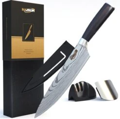 NAZROM® Professioneel Koksmes 20 CM, Inclusief Messenslijper, Mes- En Vingerbeschermer, Duurzaam En Vlijmscherp