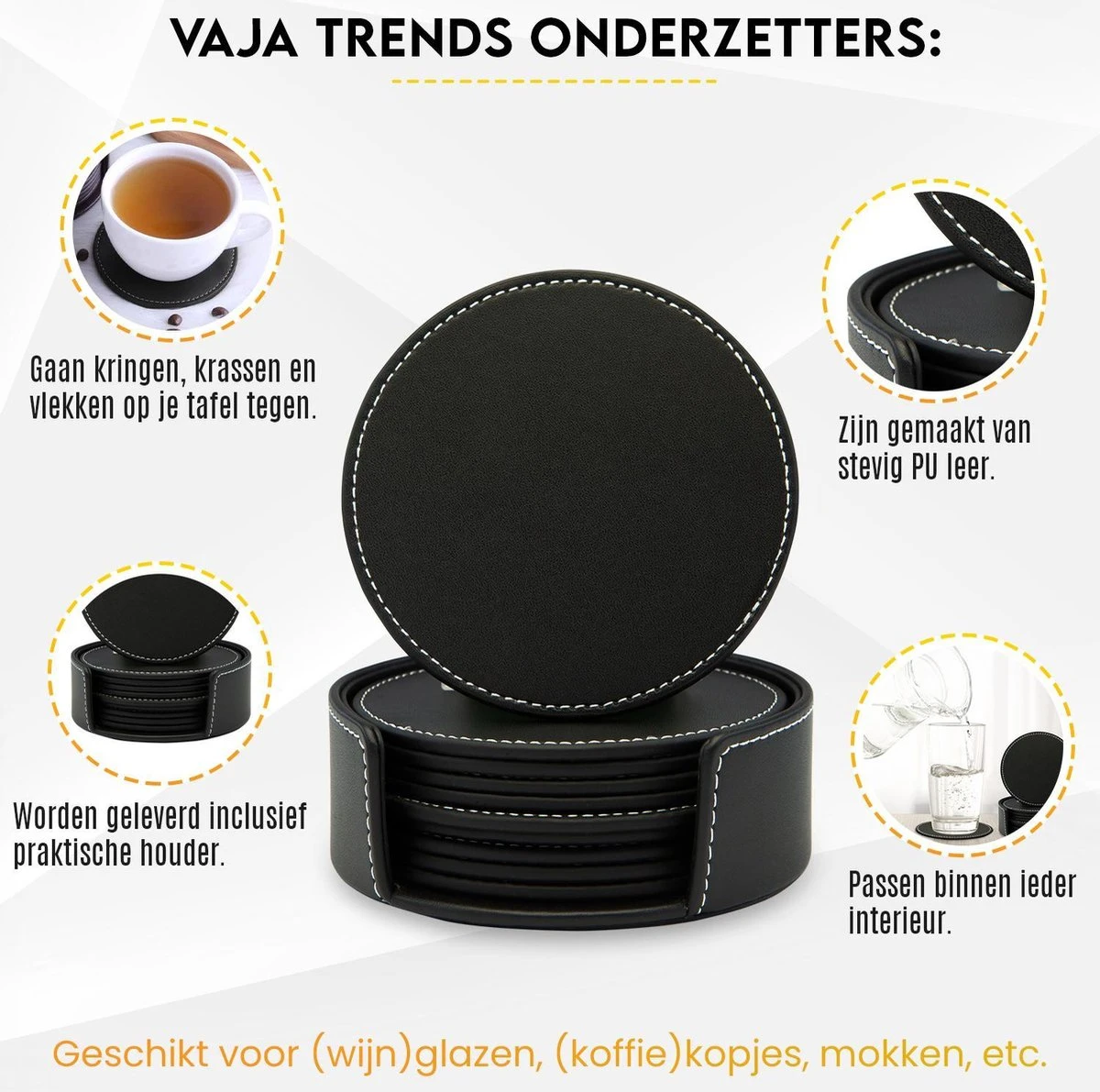 Vaja Trends Luxe Leren Onderzetters Voor Glazen - Met Houder - Set Van 10 - Zwart - Waterafstotend En Hittebestendig 8 Vaja Trends Luxe Leren Onderzetters Voor Glazen - Met Houder - Set Van 10 - Zwart - Waterafstotend En Hittebestendig - Afbeelding 6