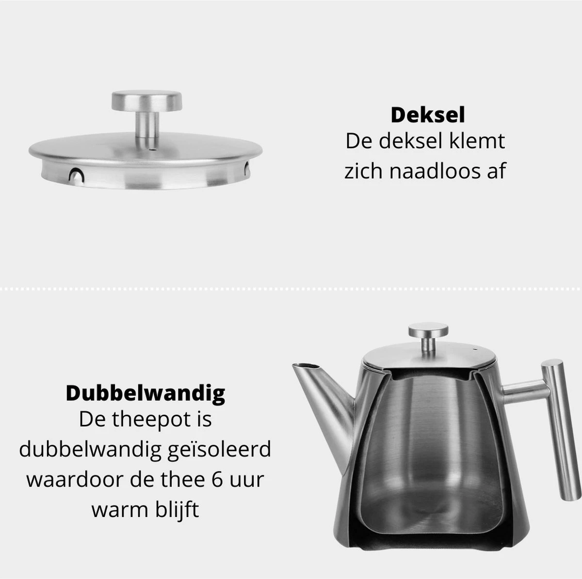 Castagnola Theepot Met Filter – Theekan – Theepot Dubbelwandig – Theepot Roestvrijstaal – Hoogwaardig RVS – 1 Liter – 5 Kopjes Thee – Zilver 7 Castagnola Theepot Met Filter – Theekan – Theepot Dubbelwandig – Theepot Roestvrijstaal – Hoogwaardig RVS – 1 Liter – 5 Kopjes Thee – Zilver - Afbeelding 5