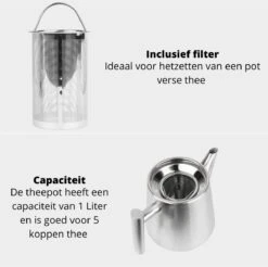 Castagnola Theepot Met Filter – Theekan – Theepot Dubbelwandig – Theepot Roestvrijstaal – Hoogwaardig RVS – 1 Liter – 5 Kopjes Thee – Zilver 13 Castagnola Theepot Met Filter – Theekan – Theepot Dubbelwandig – Theepot Roestvrijstaal – Hoogwaardig RVS – 1 Liter – 5 Kopjes Thee – Zilver -Skimask 1200x1195 33