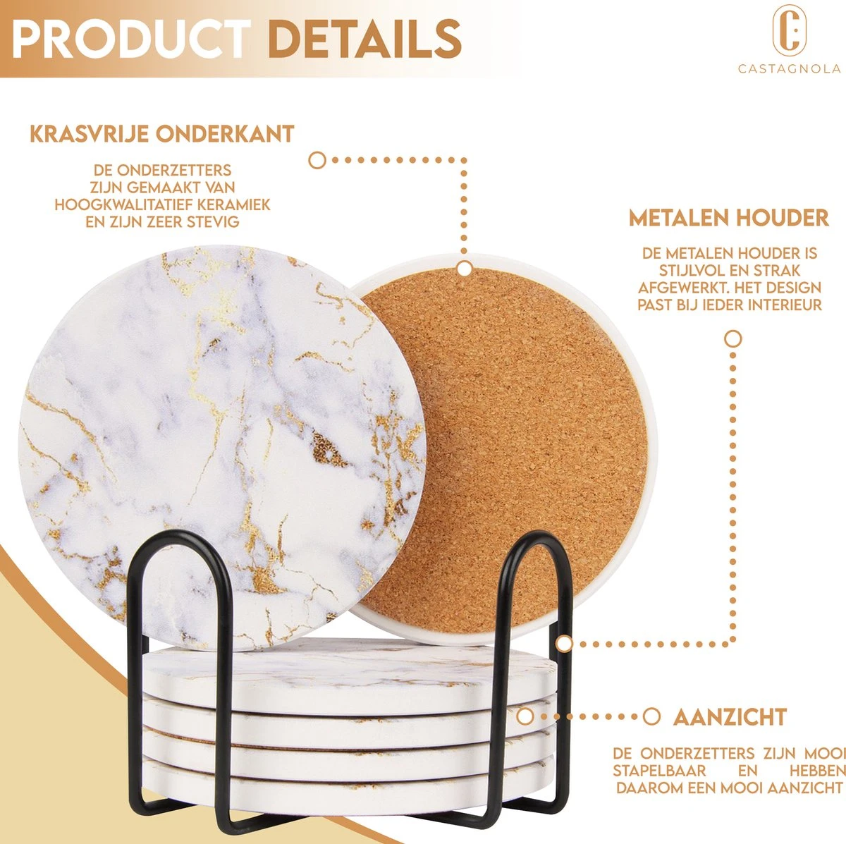 Castagnola Keramische Onderzetters Met Houder – Onderzetters Voor Glazen – Onderzetters Design – Onderzettersset – Drink Onderzetters – Keramisch – Kurk – Set Van 6 – Wit/Goud 11 Castagnola Keramische Onderzetters Met Houder – Onderzetters Voor Glazen – Onderzetters Design – Onderzettersset – Drink Onderzetters – Keramisch – Kurk – Set Van 6 – Wit/Goud - Afbeelding 9