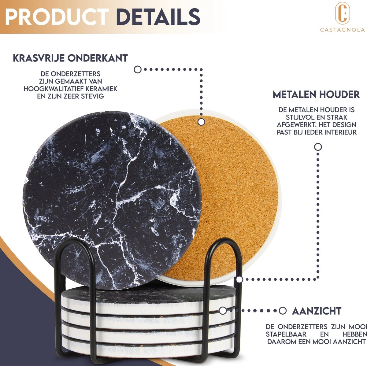 Castagnola Keramische Onderzetters Met Houder – Onderzetters Voor Glazen – Onderzetters Design – Onderzettersset – Drink Onderzetters – Keramisch – Kurk – Set Van 6 – Grijs/Zwart 7 Castagnola Keramische Onderzetters Met Houder – Onderzetters Voor Glazen – Onderzetters Design – Onderzettersset – Drink Onderzetters – Keramisch – Kurk – Set Van 6 – Grijs/Zwart - Afbeelding 5