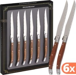 KitchenMonster® Steakmessen Laguiole Deluxe - Messenset 6 Stuks - RVS En Rozenhout