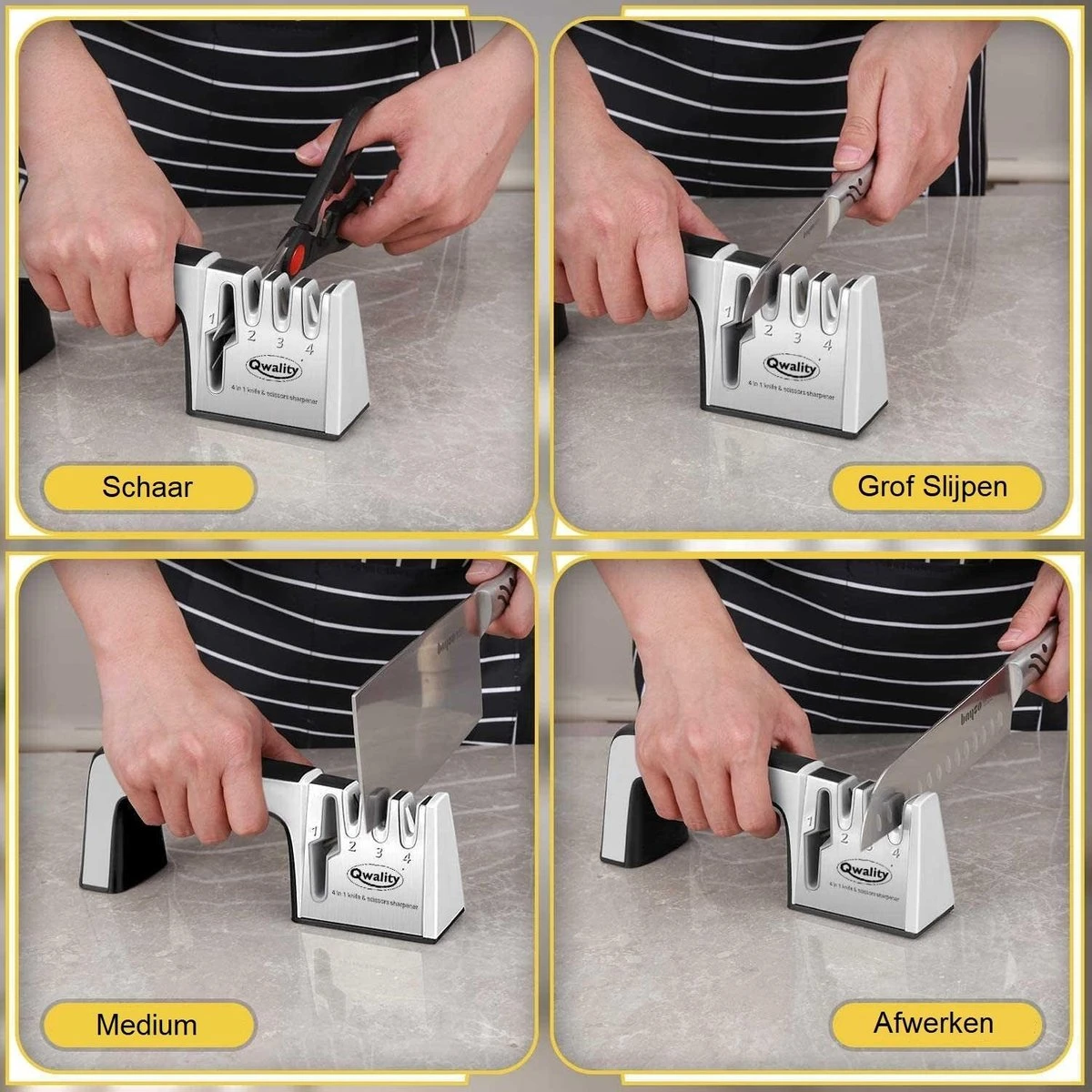 Messenslijper – Doortrekslijper Set - Messen En Scharen Slijpen - Scharenslijper - 4-in-1 – INCLUSIEF 2x Snijbestendige Handschoen - Qwality 8 Messenslijper – Doortrekslijper Set - Messen En Scharen Slijpen - Scharenslijper - 4-in-1 – INCLUSIEF 2x Snijbestendige Handschoen - Qwality - Afbeelding 6