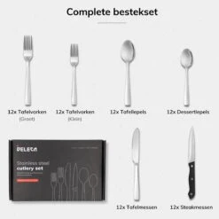 Deleca 12 Persoons Bestekset (72-delig) - Lepels, Messen, Vorken & Steakmessen - Vaatwasserbestendig - Zilver / RVS 21 Deleca 12 Persoons Bestekset (72-delig) - Lepels, Messen, Vorken & Steakmessen - Vaatwasserbestendig - Zilver / RVS -Skimask 1200x1200 1165