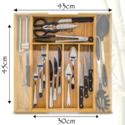AWEMOZ Bestekbak – Bamboe Besteklade Uitschuifbaar – 5/7 Vakken - Bestekcassette - Bestekhouder Hout - Lade Organizer - Bestek Opbergen - 45 Cm Lang X 30-43 Cm Breed X 4 Cm Hoog -Skimask 1200x1200 1302