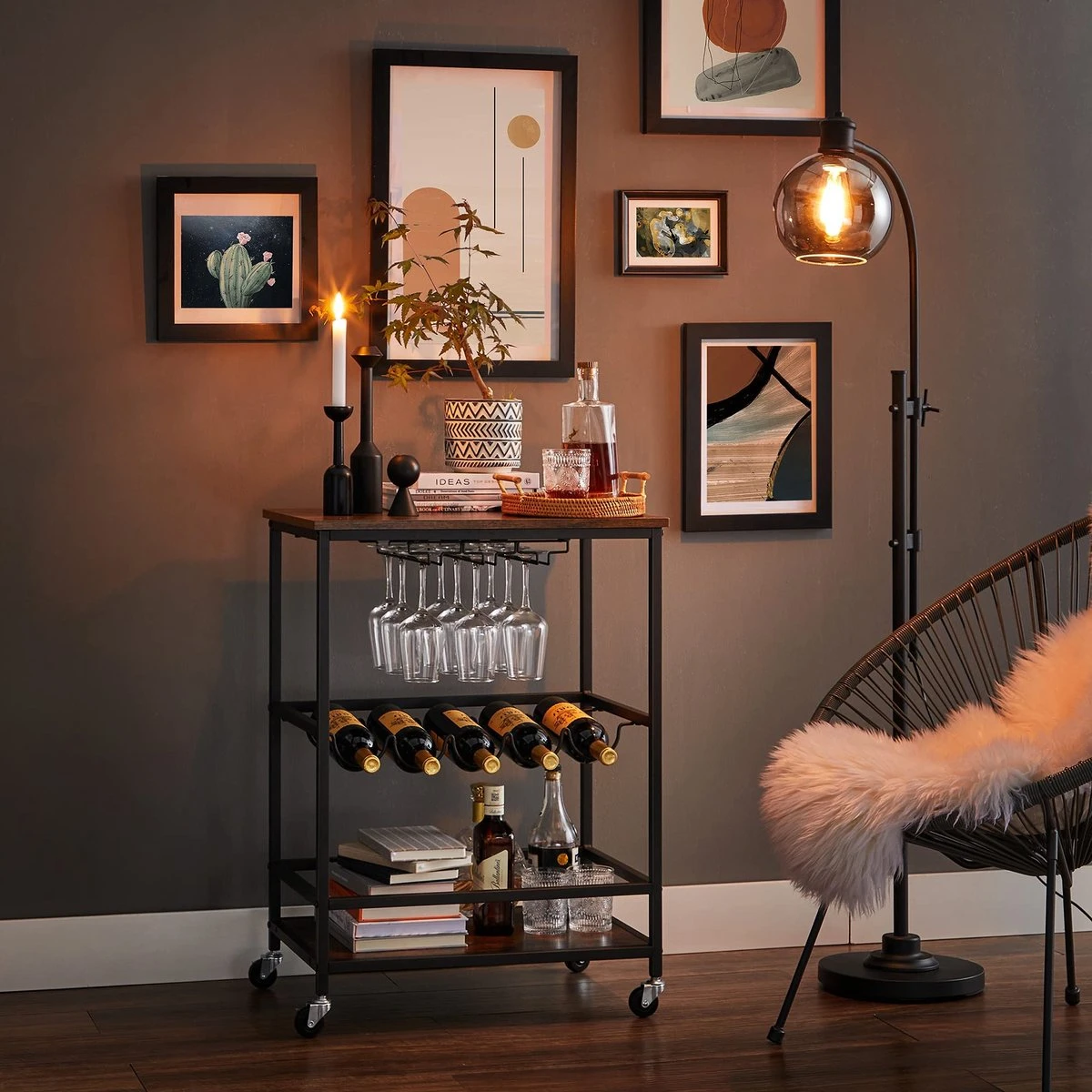 IN.HOMEXL Ashlo - Wijnkast Op Wielen - Wijnrek Metaal - Hout - Industrieel Kast - Voor 9 Flessen - 60 X 40 X 75 Cm - Hout - Bruin/ Zwart 3 IN.HOMEXL Ashlo - Wijnkast Op Wielen - Wijnrek Metaal - Hout - Industrieel Kast - Voor 9 Flessen - 60 X 40 X 75 Cm - Hout - Bruin/ Zwart