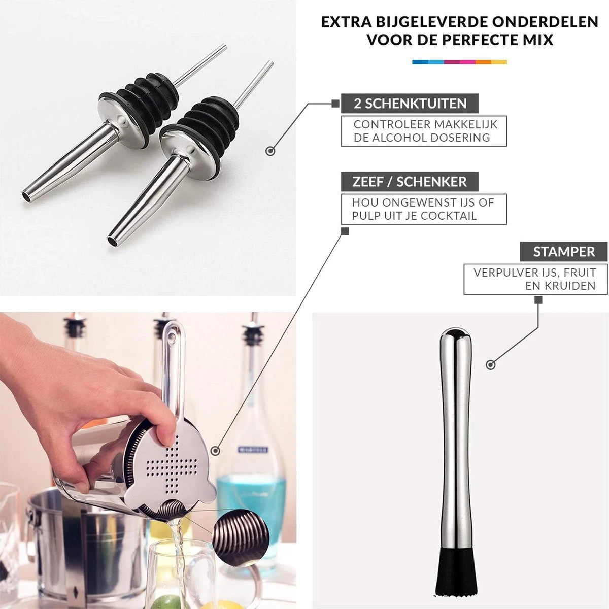 YONO Cocktail Set 10-Delig - RVS Cocktailshaker 800ml Met Bar Accessoires - Zilver 5 YONO Cocktail Set 10-Delig - RVS Cocktailshaker 800ml Met Bar Accessoires - Zilver - Afbeelding 3