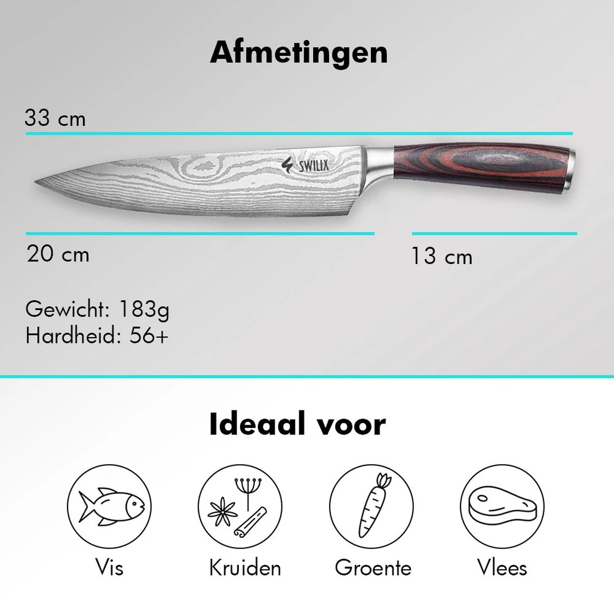 Swilix Professioneel Koksmes 20 CM, Inclusief Messenslijper, Mes- En Vingerbeschermer, Duurzaam En Vlijmscherp - Universeel RVS Keukenmes 7 Swilix Professioneel Koksmes 20 CM, Inclusief Messenslijper, Mes- En Vingerbeschermer, Duurzaam En Vlijmscherp - Universeel RVS Keukenmes - Afbeelding 5