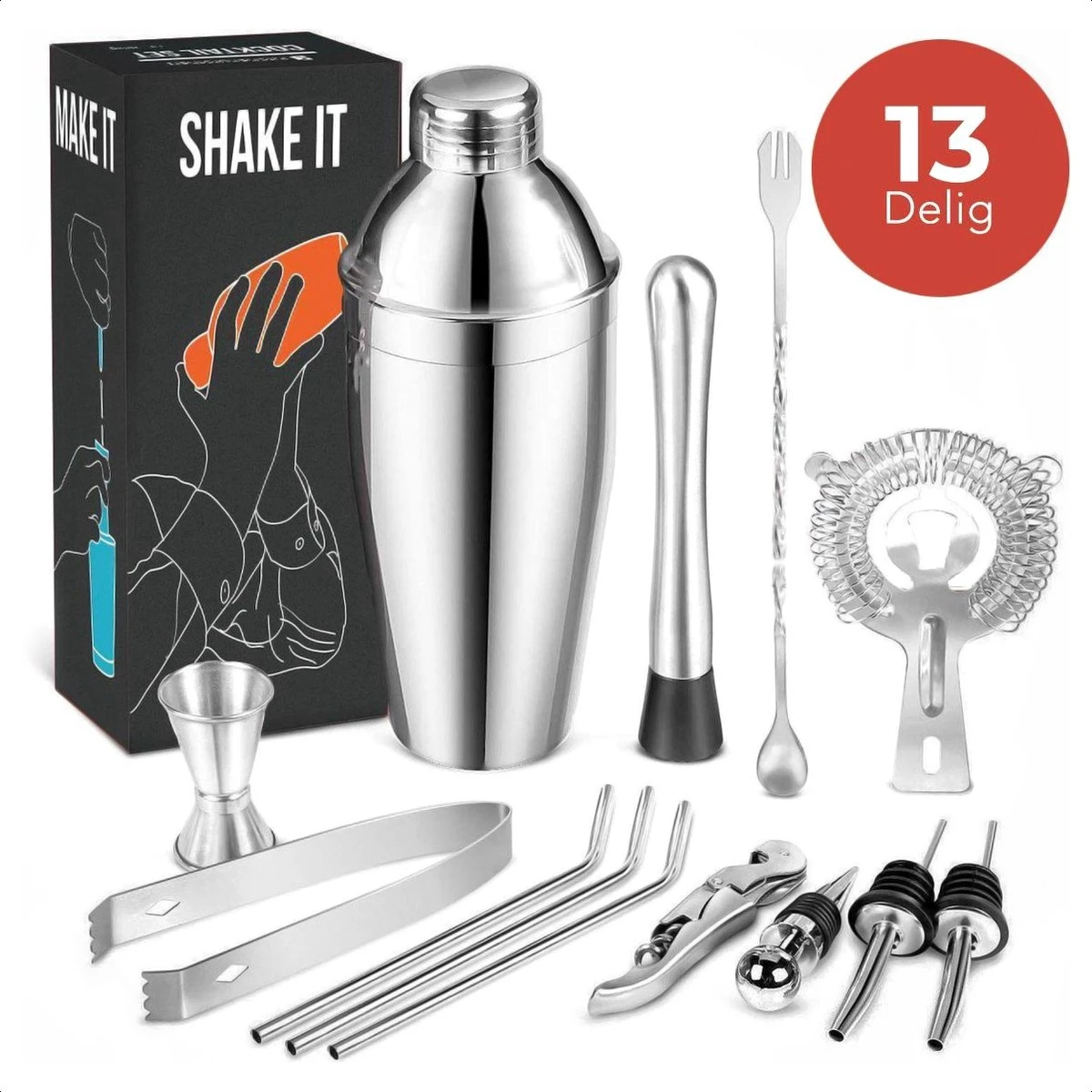 KitchenBrothers Cocktail Shaker Set - 13 Delig - Complete Set - Cadeauverpakking - 750 Ml - RVS 3 KitchenBrothers Cocktail Shaker Set - 13 Delig - Complete Set - Cadeauverpakking - 750 Ml - RVS