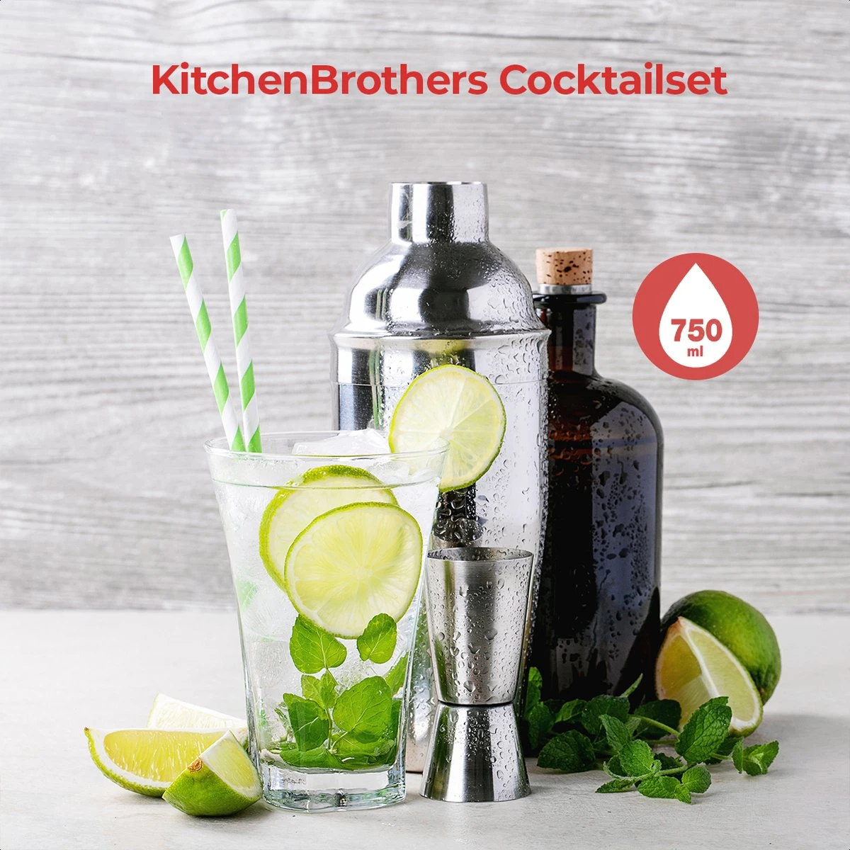 KitchenBrothers Cocktail Shaker Set - 13 Delig - Complete Set - Cadeauverpakking - 750 Ml - RVS 4 KitchenBrothers Cocktail Shaker Set - 13 Delig - Complete Set - Cadeauverpakking - 750 Ml - RVS - Afbeelding 2
