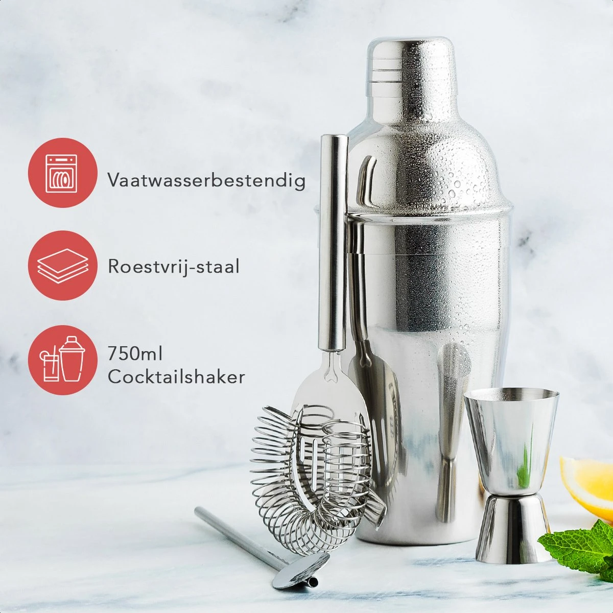 KitchenBrothers Cocktail Shaker Set - 13 Delig - Complete Set - Cadeauverpakking - 750 Ml - RVS 5 KitchenBrothers Cocktail Shaker Set - 13 Delig - Complete Set - Cadeauverpakking - 750 Ml - RVS - Afbeelding 3