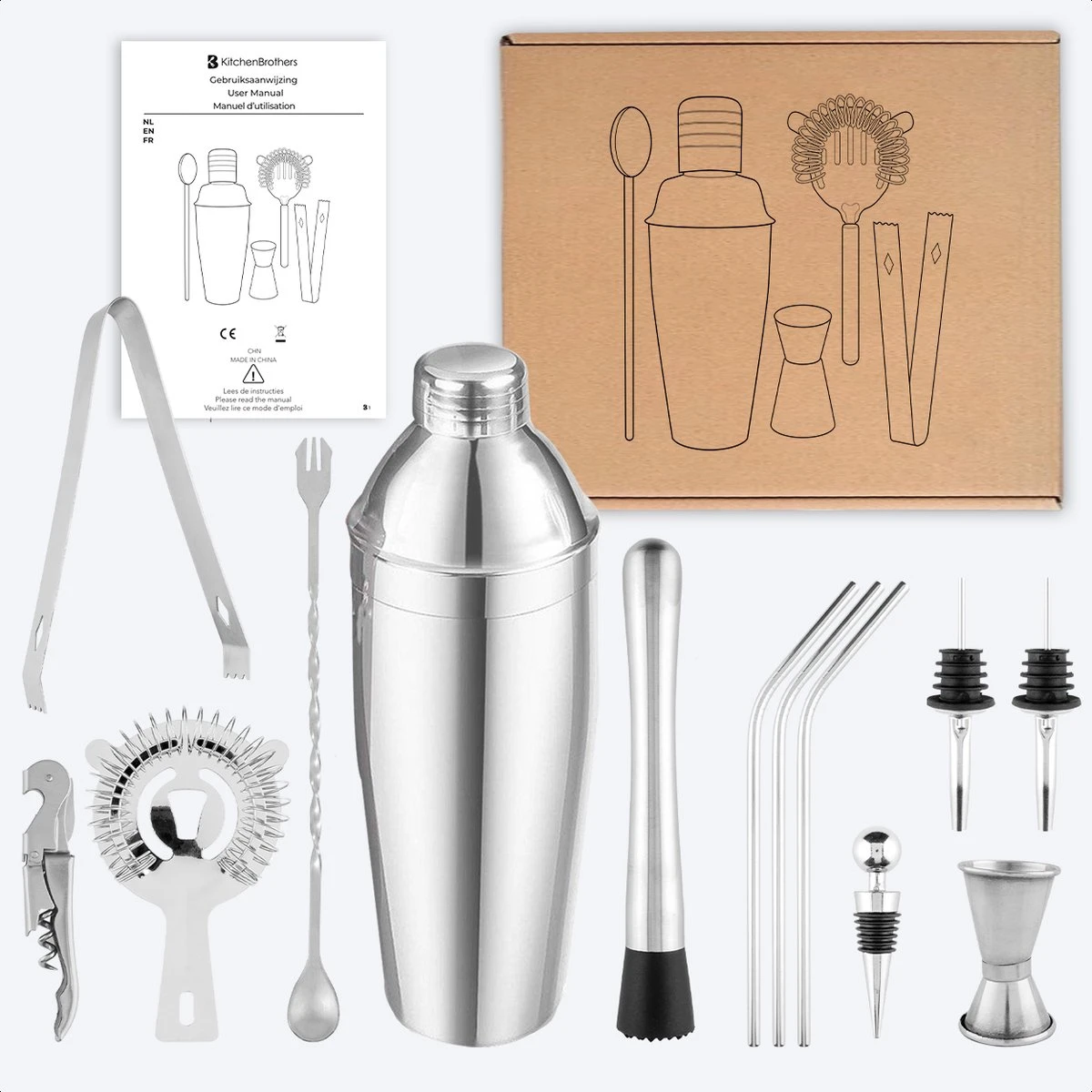 KitchenBrothers Cocktail Shaker Set - 13 Delig - Complete Set - Cadeauverpakking - 750 Ml - RVS 11 KitchenBrothers Cocktail Shaker Set - 13 Delig - Complete Set - Cadeauverpakking - 750 Ml - RVS - Afbeelding 9