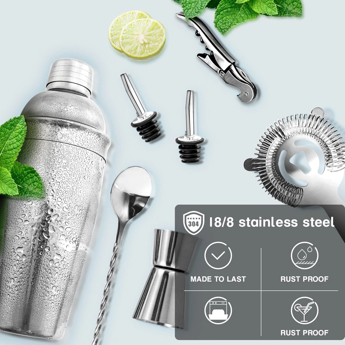 Monroc Cocktailset- Cocktailshaker-Cocktail Set- 12 Delig-Maatbeker-Ijstang- 4 Monroc Cocktailset- Cocktailshaker-Cocktail Set- 12 Delig-Maatbeker-Ijstang- - Afbeelding 2