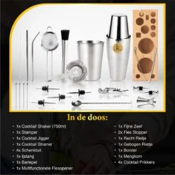 Bar Dedicated - Cocktail Shaker Set 23 Delig - Cocktail Shaker - 750 ML - Inclusief Nederlandstalige Cocktail Boek - Stamper - Maatbeker - Pasen -Skimask 1200x1200 2126