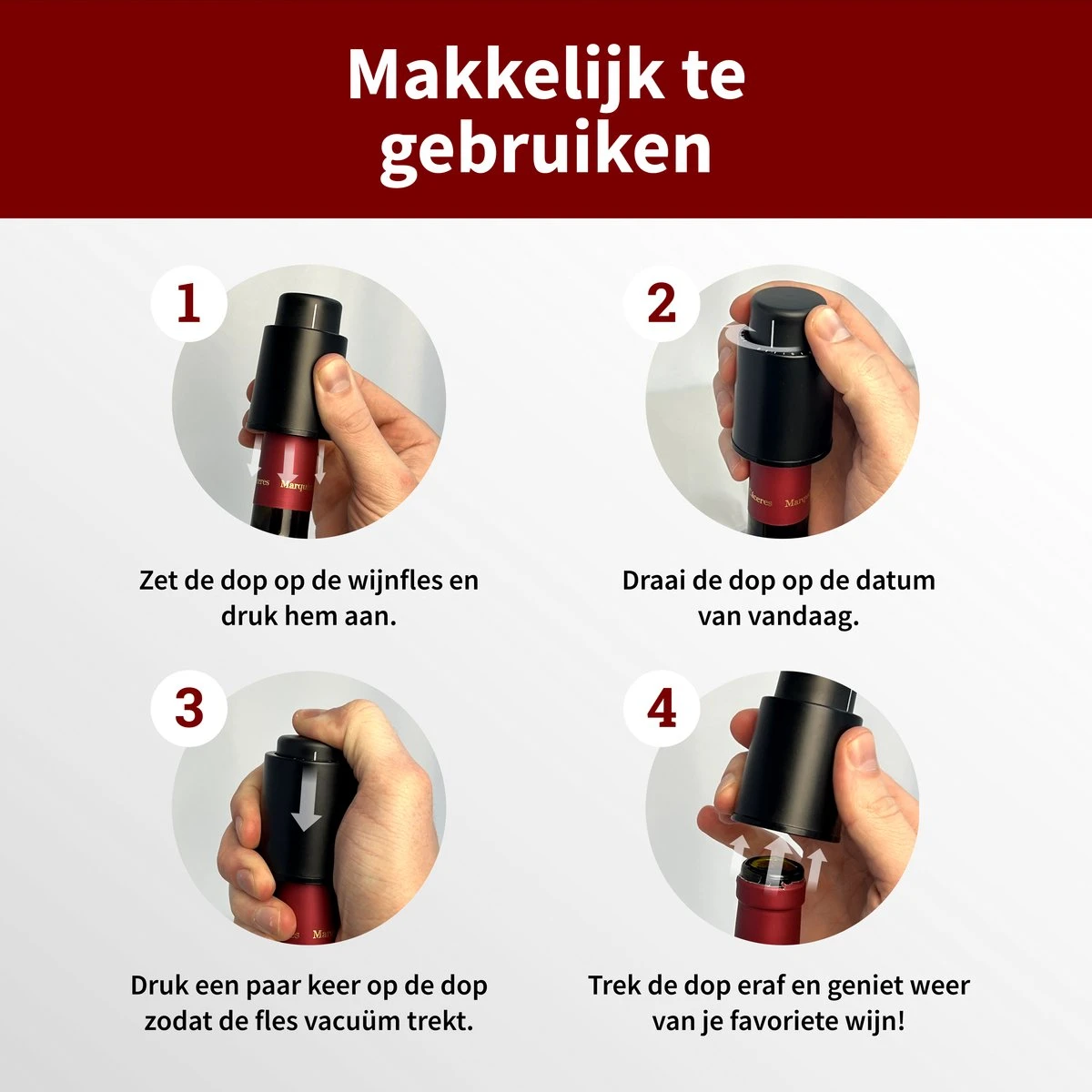 Happy Cook® Wijn Vacuümpomp - Wijnstopper – Wine Saver – Wijndop – Met Datumschaal - Zwart 6 Happy Cook® Wijn Vacuümpomp - Wijnstopper – Wine Saver – Wijndop – Met Datumschaal - Zwart - Afbeelding 4