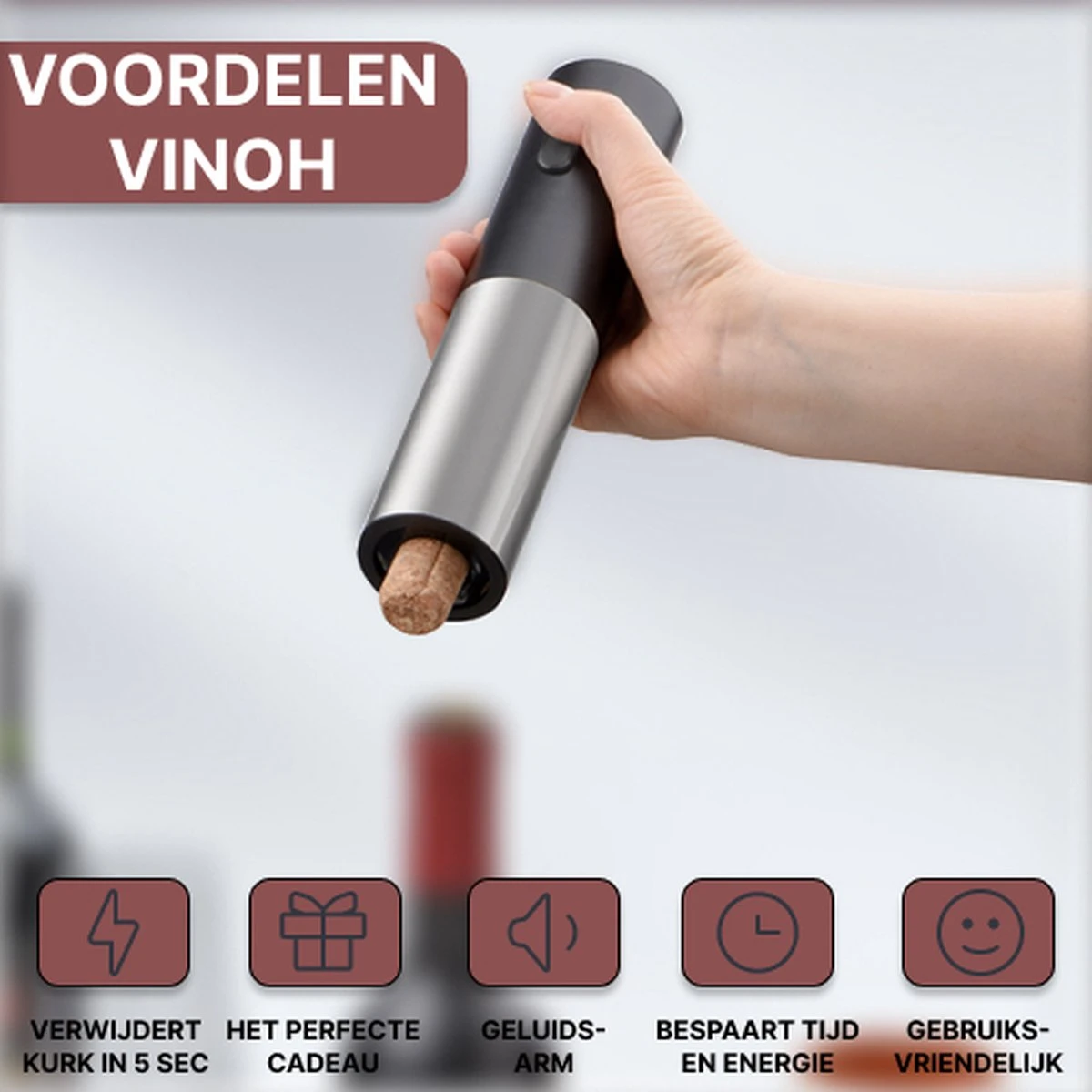 Vinoh Elektrische Kurkentrekker - Wijnopener - Wijn Opener Set Met Kurkentrekker - Wijnstopper - Foliesnijder - Schenktuit - Inclusief AA Batterijen 7 Vinoh Elektrische Kurkentrekker - Wijnopener - Wijn Opener Set Met Kurkentrekker - Wijnstopper - Foliesnijder - Schenktuit - Inclusief AA Batterijen - Afbeelding 5
