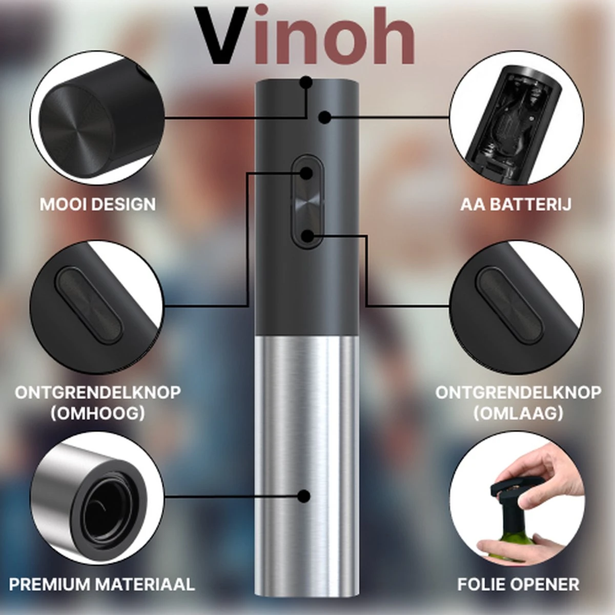 Vinoh Elektrische Kurkentrekker - Wijnopener - Wijn Opener Set Met Kurkentrekker - Wijnstopper - Foliesnijder - Schenktuit - Inclusief AA Batterijen 8 Vinoh Elektrische Kurkentrekker - Wijnopener - Wijn Opener Set Met Kurkentrekker - Wijnstopper - Foliesnijder - Schenktuit - Inclusief AA Batterijen - Afbeelding 6