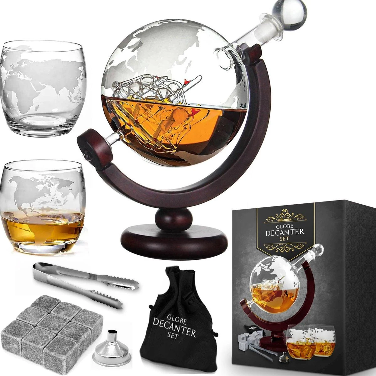 MikaMax Globe Whiskey Decanter – Standaard Versie – Whiskey Set – Complete Set – Whiskey Karaf – Incl. 2 Whiskey Glazen En Whiskey Stones – 900 ML 3 MikaMax Globe Whiskey Decanter – Standaard Versie – Whiskey Set – Complete Set – Whiskey Karaf – Incl. 2 Whiskey Glazen En Whiskey Stones – 900 ML