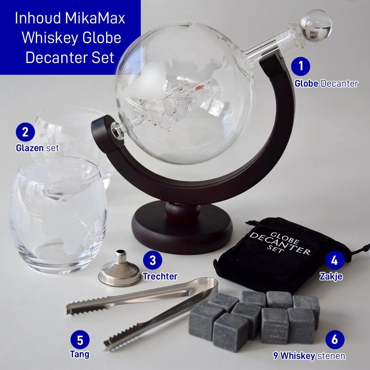 MikaMax Globe Whiskey Decanter – Standaard Versie – Whiskey Set – Complete Set – Whiskey Karaf – Incl. 2 Whiskey Glazen En Whiskey Stones – 900 ML 6 MikaMax Globe Whiskey Decanter – Standaard Versie – Whiskey Set – Complete Set – Whiskey Karaf – Incl. 2 Whiskey Glazen En Whiskey Stones – 900 ML - Afbeelding 4