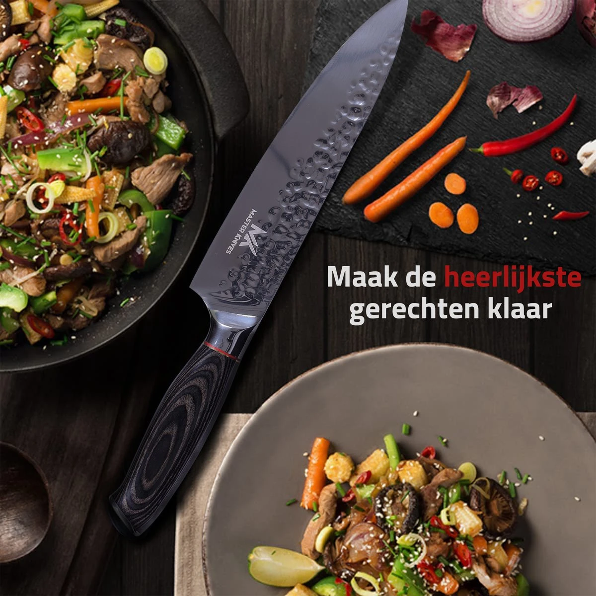 Master Knives Professioneel Japans Koksmes 20 CM - Keukenmes Van Hoogwaardig Damascus Patroon - Ergonomisch Houten Handvat 7 Master Knives Professioneel Japans Koksmes 20 CM - Keukenmes Van Hoogwaardig Damascus Patroon - Ergonomisch Houten Handvat - Afbeelding 5