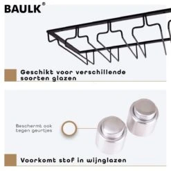 BAULK® - Wijnglazenhouder - Wijnglazenrek - Wijnglazen Rek - Glazenrek - Hangend - Tot 12 Glazen - 2 Gratis Wijnstoppen - 4 Rijen - Zwart -Skimask 1200x1200 2344