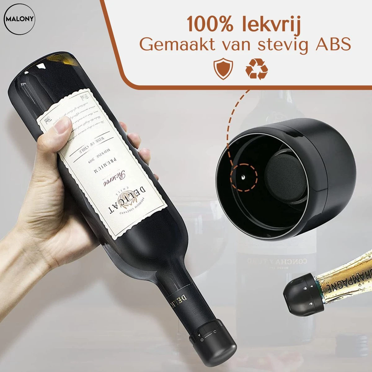Vacuüm Wijnstopper & Champagne Stopper - Wijn Accessoires - Flessenstop - Herbruikbaar - Zwart 5 Vacuüm Wijnstopper & Champagne Stopper - Wijn Accessoires - Flessenstop - Herbruikbaar - Zwart - Afbeelding 3