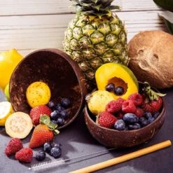 Ecowize Coconut Bowls (Set Van 3) - Kokosnoot Kom & Schaal - Met 3 Lepels, 3 Vorken En 8 Bamboe Rietjes - Zero Waste & Herbruikbaar - Duurzaam Cadeau -Skimask 1200x1200 2577