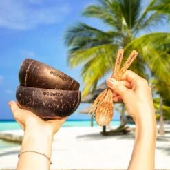Ecowize Coconut Bowls (Set Van 3) - Kokosnoot Kom & Schaal - Met 3 Lepels, 3 Vorken En 8 Bamboe Rietjes - Zero Waste & Herbruikbaar - Duurzaam Cadeau -Skimask 1200x1200 2580