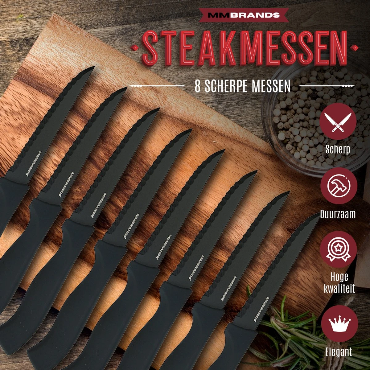 MM Brands Steakmessen - Messenset - Kartelmes - 8 Stuks - Zwart 4 MM Brands Steakmessen - Messenset - Kartelmes - 8 Stuks - Zwart - Afbeelding 2