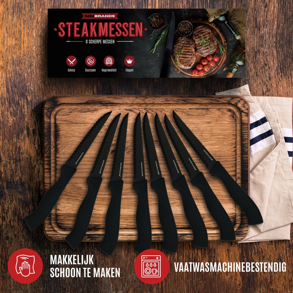 MM Brands Steakmessen - Messenset - Kartelmes - 8 Stuks - Zwart 7 MM Brands Steakmessen - Messenset - Kartelmes - 8 Stuks - Zwart - Afbeelding 5