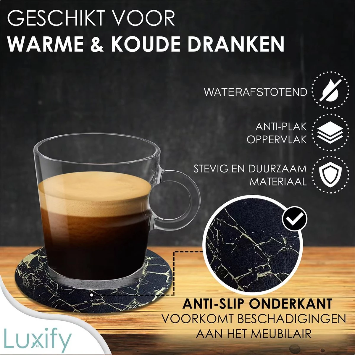 Luxe Leren Marmeren Onderzetters Met Houder - 15 Stuks - Onderleggers Voor Glazen - Glasonderzetters Voor Op Tafel - Coasters - Zwart / Goud - Rond 5 Luxe Leren Marmeren Onderzetters Met Houder - 15 Stuks - Onderleggers Voor Glazen - Glasonderzetters Voor Op Tafel - Coasters - Zwart / Goud - Rond - Afbeelding 3
