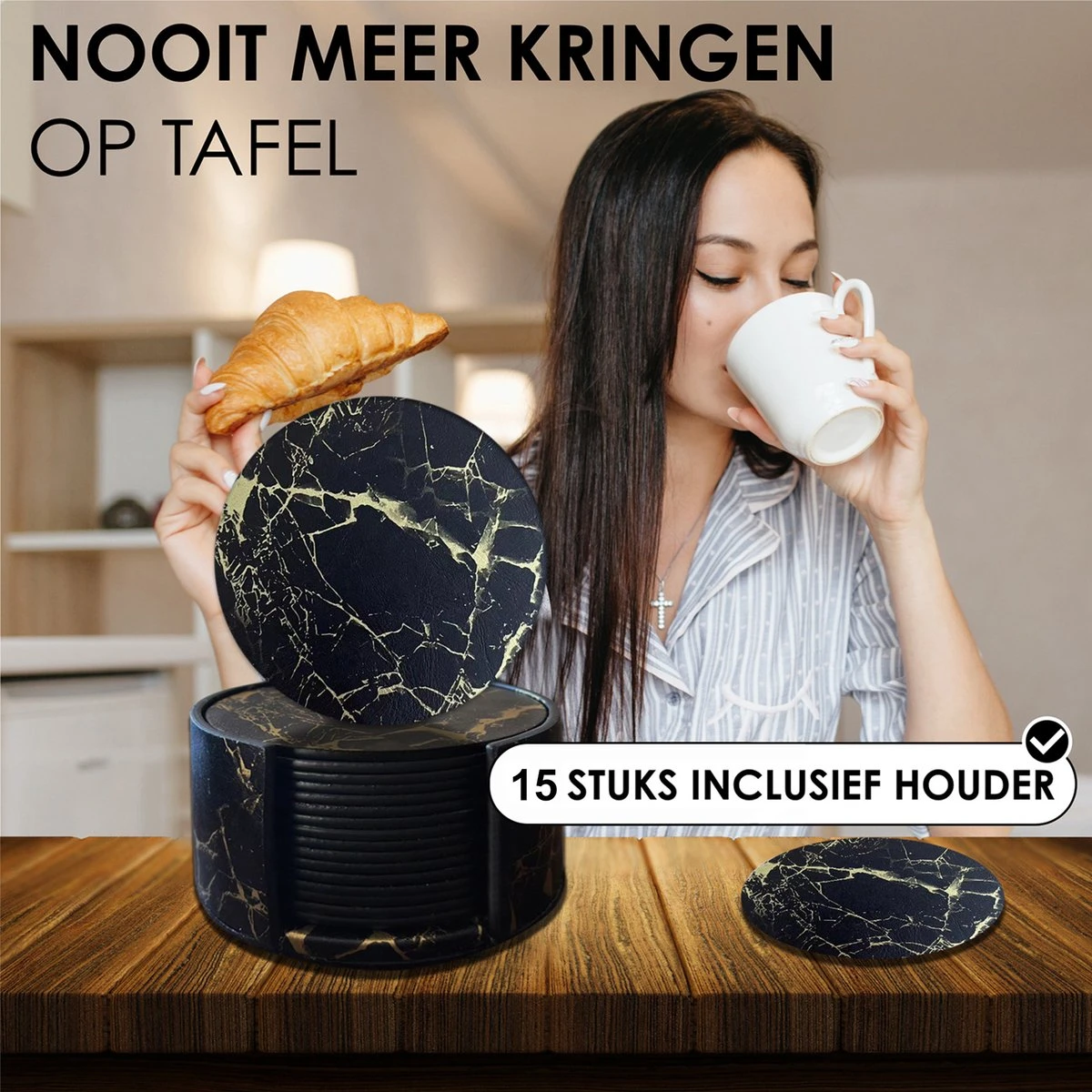 Luxe Leren Marmeren Onderzetters Met Houder - 15 Stuks - Onderleggers Voor Glazen - Glasonderzetters Voor Op Tafel - Coasters - Zwart / Goud - Rond 6 Luxe Leren Marmeren Onderzetters Met Houder - 15 Stuks - Onderleggers Voor Glazen - Glasonderzetters Voor Op Tafel - Coasters - Zwart / Goud - Rond - Afbeelding 4