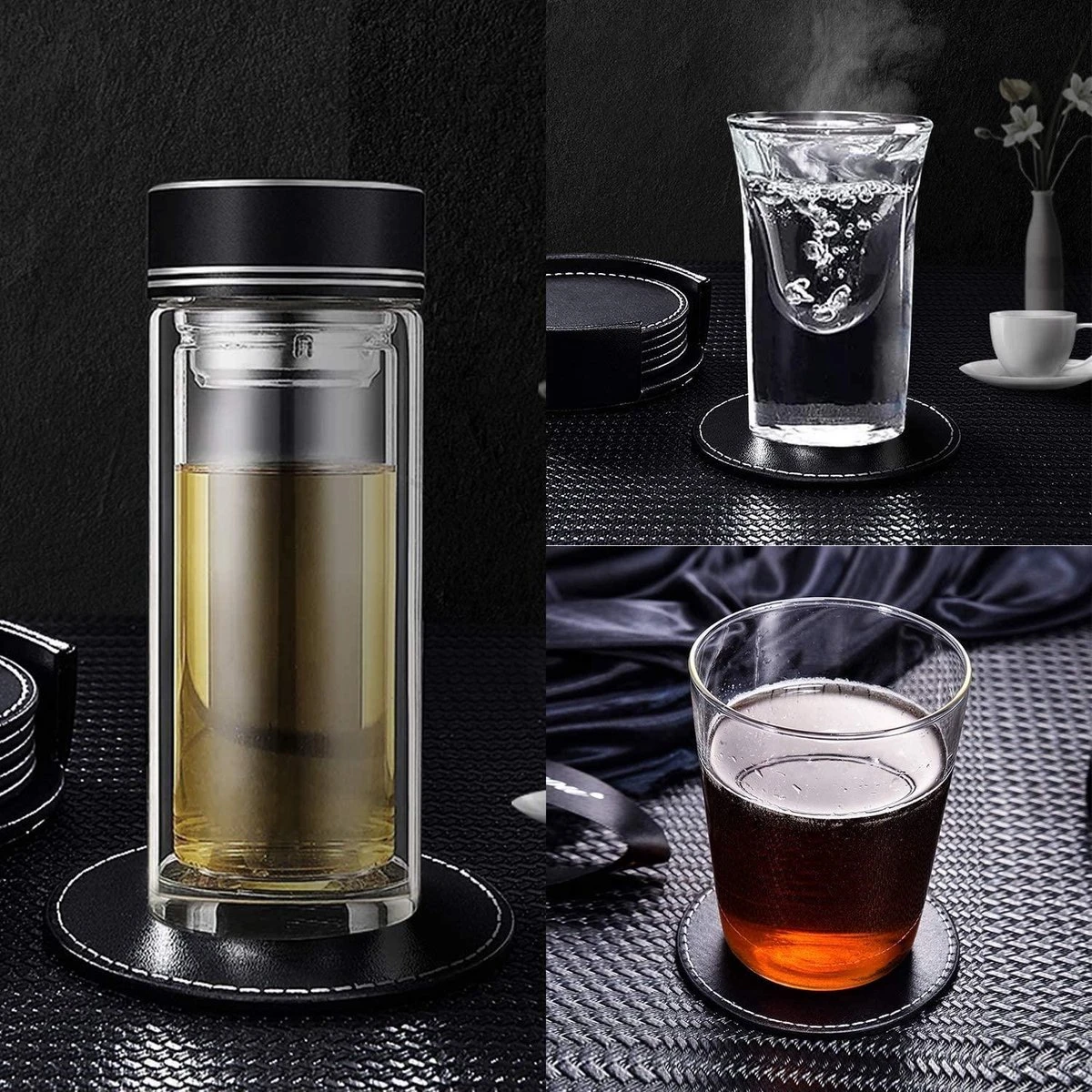 Luxe Leren Onderzetters Met Houder - 10 Stuks - Onderleggers Voor Glazen - Glasonderzetters Voor Op Tafel - Coasters - Zwart - Rond 11 Luxe Leren Onderzetters Met Houder - 10 Stuks - Onderleggers Voor Glazen - Glasonderzetters Voor Op Tafel - Coasters - Zwart - Rond - Afbeelding 9